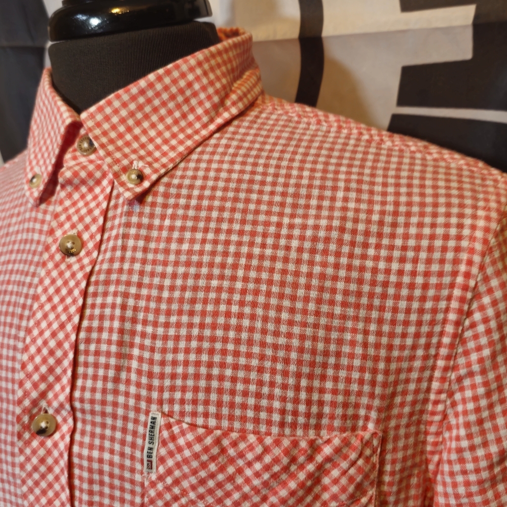 Ben Sherman Mens Large Salmon/White Gingham Check